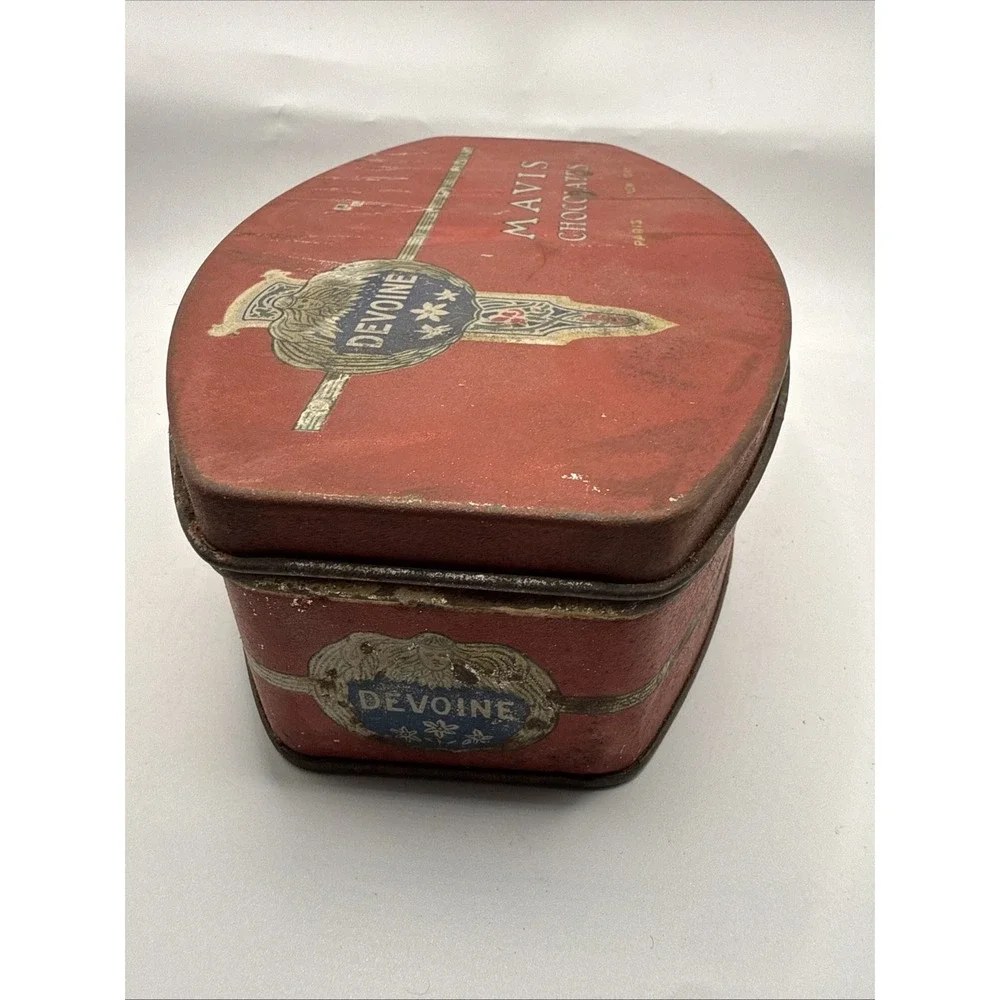 Antique Devoine Mavis Chocolates Tin Paris New York Oval Red Advertising Box